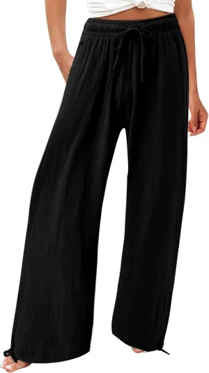 Flowy Pants for Women, Women Linen Pants Elastic High Waist Wide Leg Palazzo Lounge Trousers Casual Loose Beach Pants