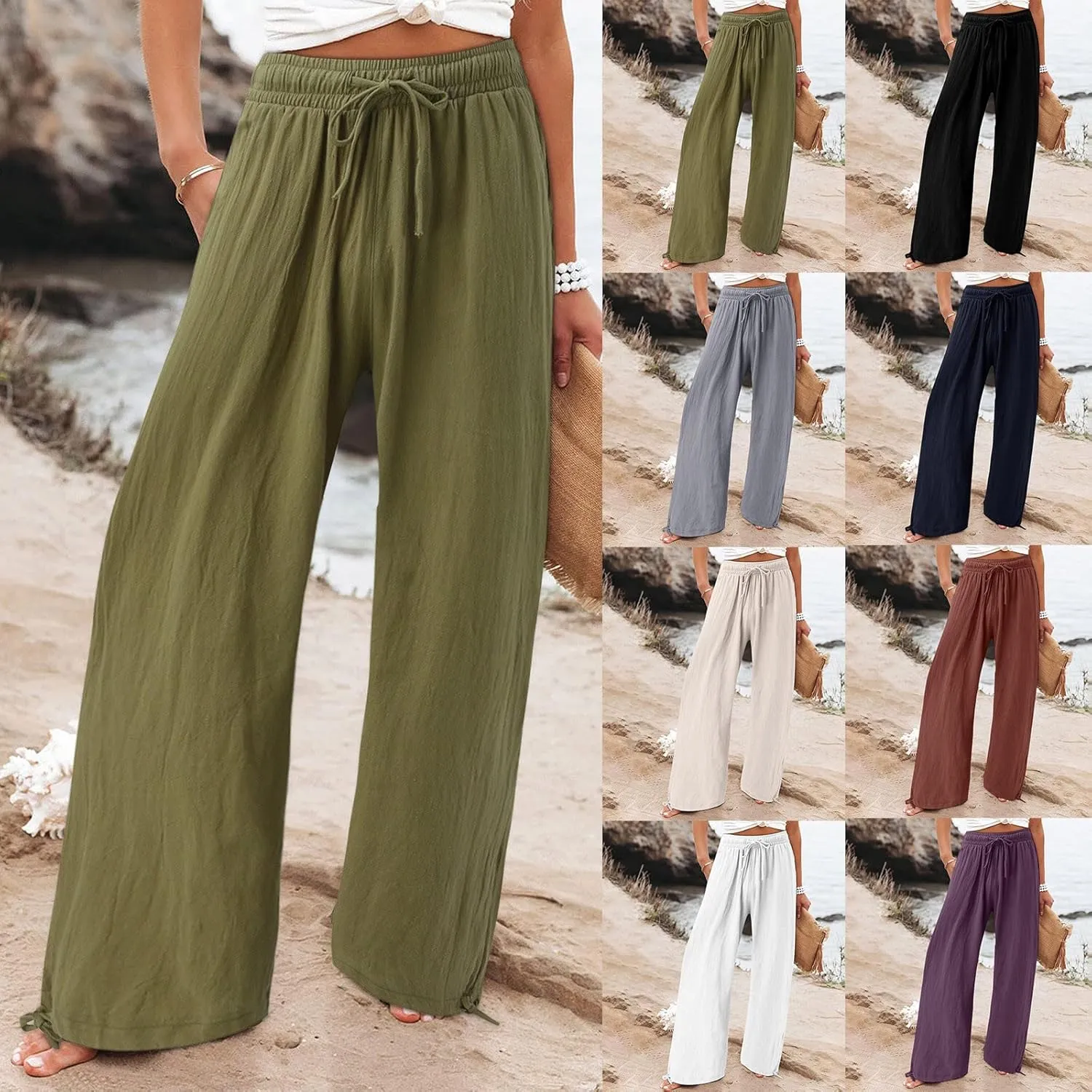 Flowy Pants for Women, Women Linen Pants Elastic High Waist Wide Leg Palazzo Lounge Trousers Casual Loose Beach Pants