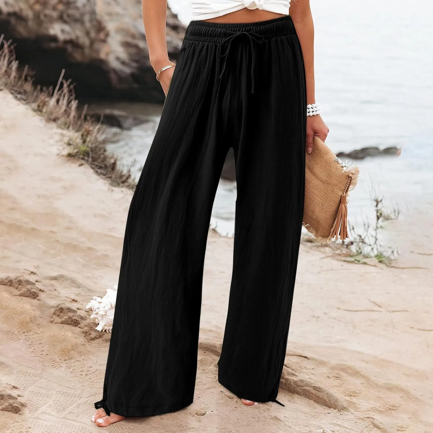 Flowy Pants for Women, Women Linen Pants Elastic High Waist Wide Leg Palazzo Lounge Trousers Casual Loose Beach Pants
