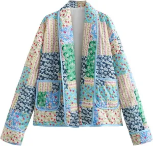 Flygo Womens Cropped Puffer Jacket Floral Print Quilted Coat Lightweight Warm Padded Down Jackets
