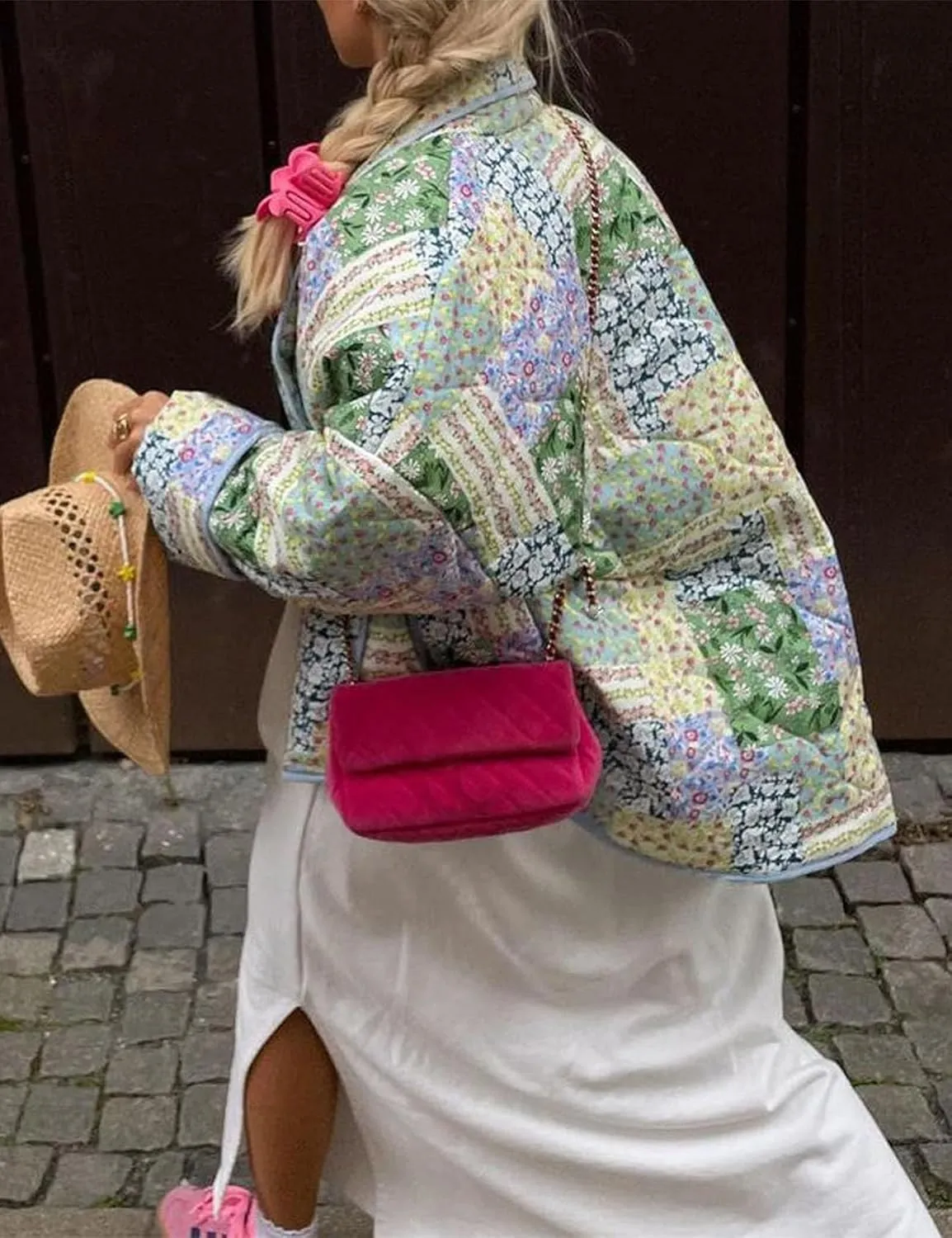 Flygo Womens Cropped Puffer Jacket Floral Print Quilted Coat Lightweight Warm Padded Down Jackets