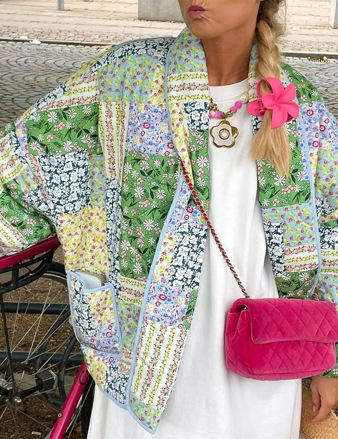 Flygo Womens Cropped Puffer Jacket Floral Print Quilted Coat Lightweight Warm Padded Down Jackets