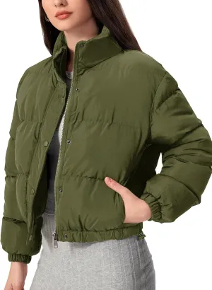 Flygo Womens Lightweight Quilted Jacket Long Sleeve Stand Collar Zipper Cropped Puffer Jacket Warm Winter Coat