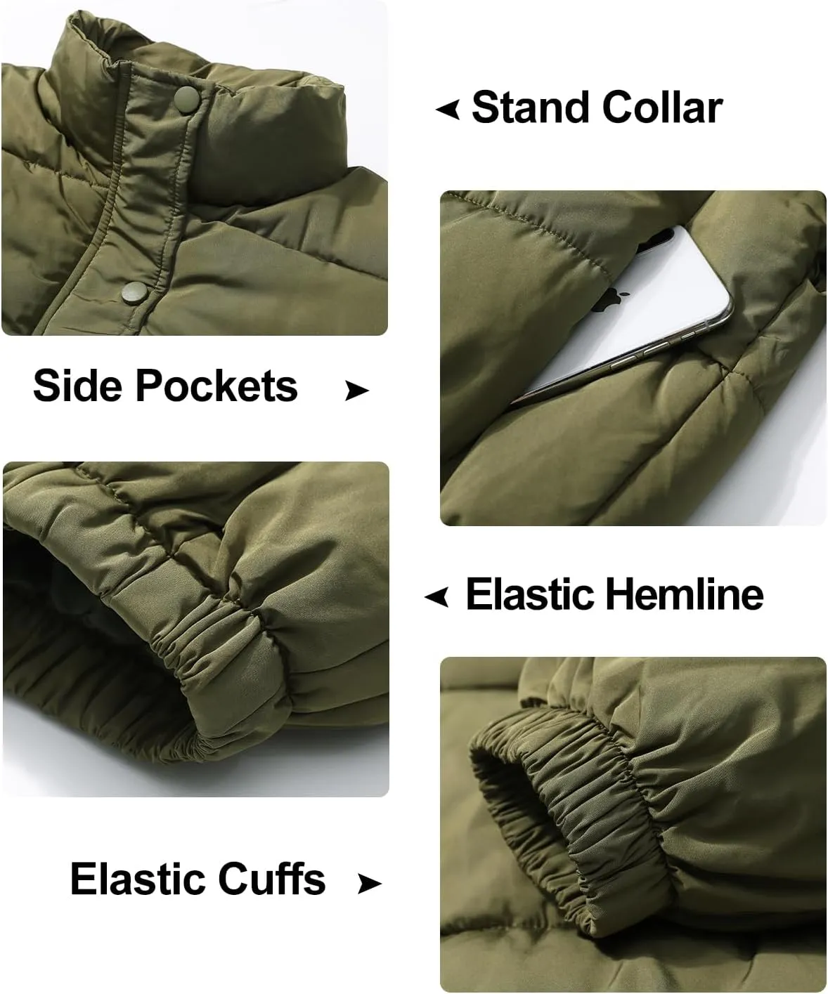 Flygo Womens Lightweight Quilted Jacket Long Sleeve Stand Collar Zipper Cropped Puffer Jacket Warm Winter Coat