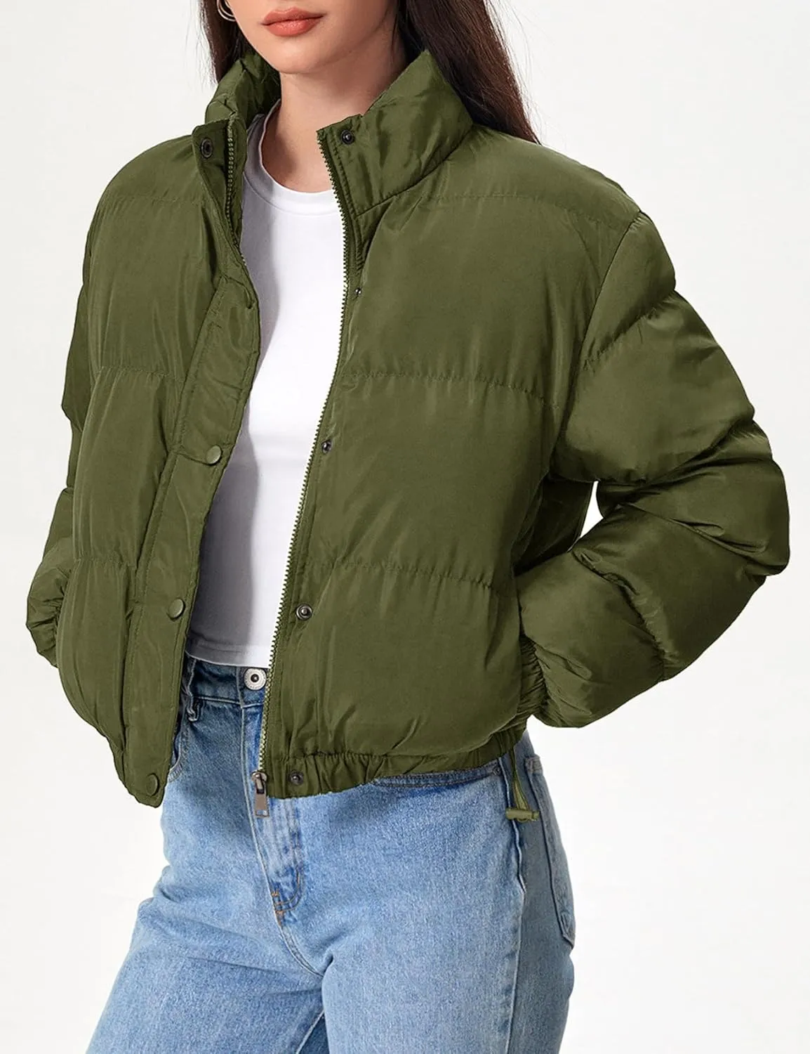 Flygo Womens Lightweight Quilted Jacket Long Sleeve Stand Collar Zipper Cropped Puffer Jacket Warm Winter Coat
