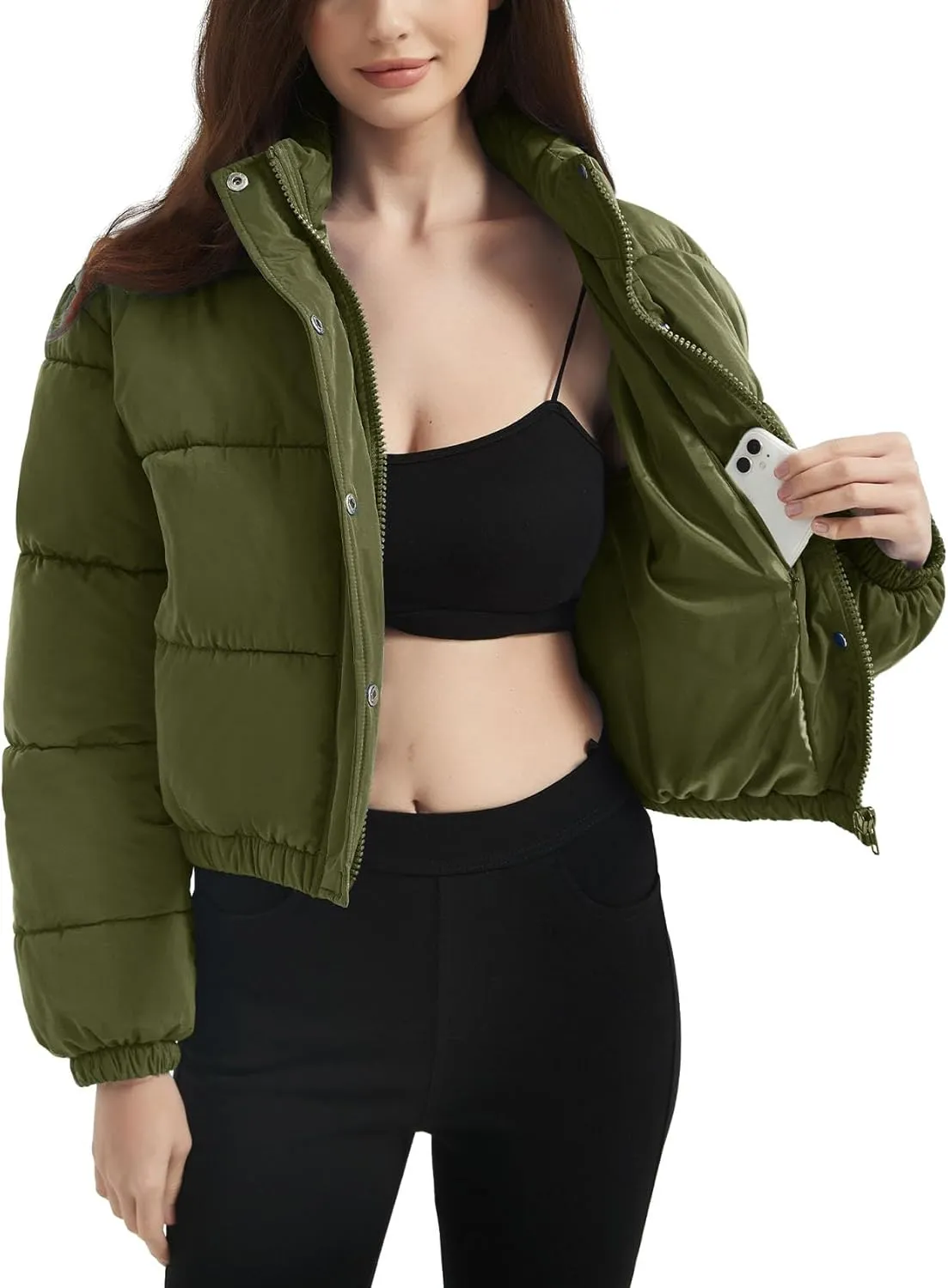 Flygo Womens Lightweight Quilted Jacket Long Sleeve Stand Collar Zipper Cropped Puffer Jacket Warm Winter Coat
