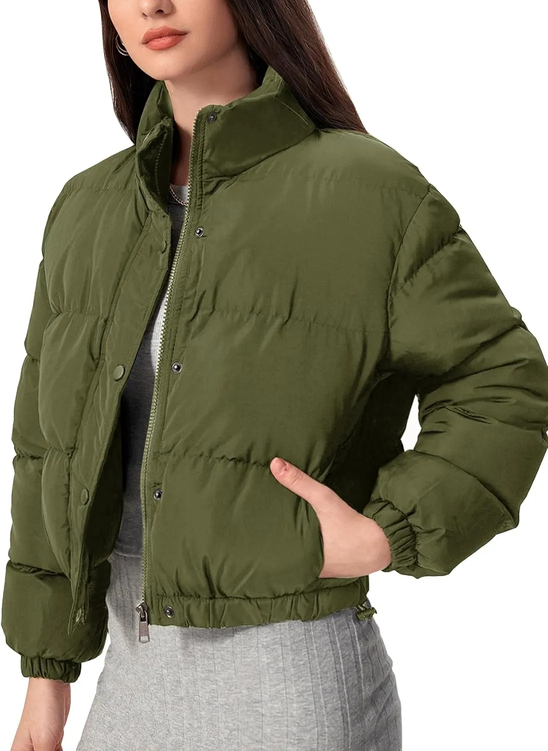 Flygo Womens Lightweight Quilted Jacket Long Sleeve Stand Collar Zipper Cropped Puffer Jacket Warm Winter Coat