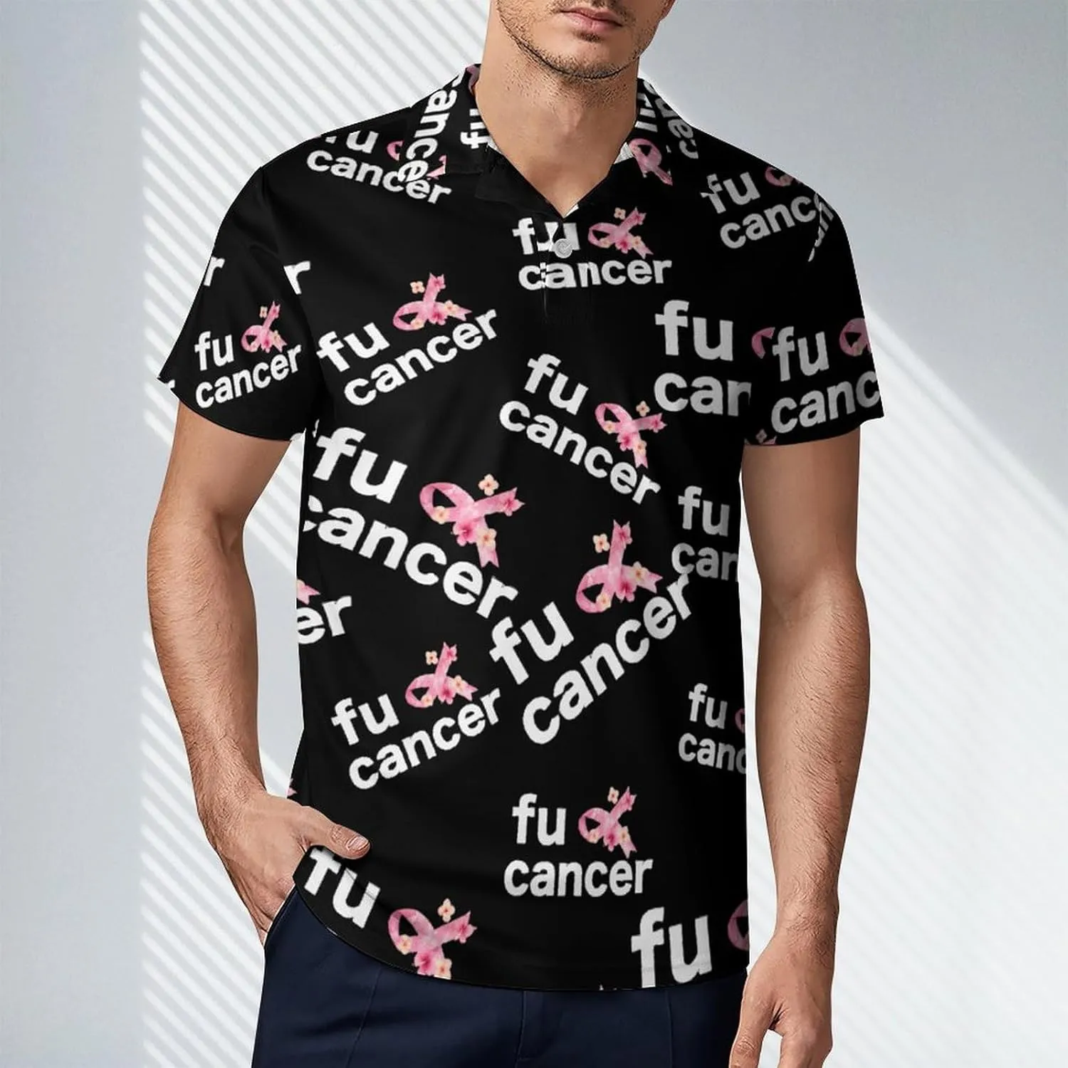 Fuck Cancer Hawaiian Flowers Men's Polo Shirt Short Sleeve Casual Athletic Quick Dry Golf T-Shirts