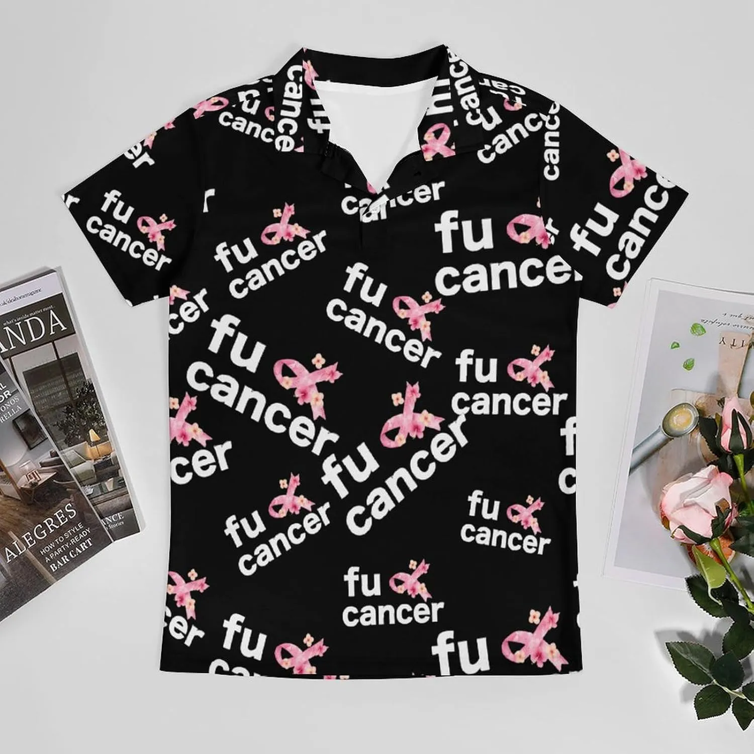 Fuck Cancer Hawaiian Flowers Men's Polo Shirt Short Sleeve Casual Athletic Quick Dry Golf T-Shirts