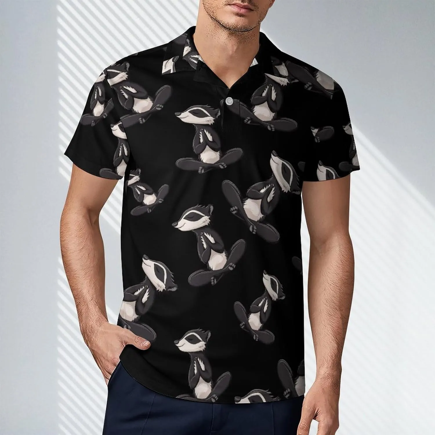 Funny Yoga Badger Men's Polo Shirt Short Sleeve Casual Athletic Quick Dry Golf T-Shirts