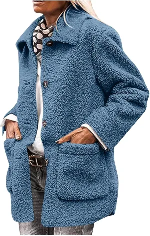 Fuzzy Fleece Jacket for Women Plus Size Button Down Lapel Sherpa Coats with Pocket Fluffy Winter Outerwear Warm Coat