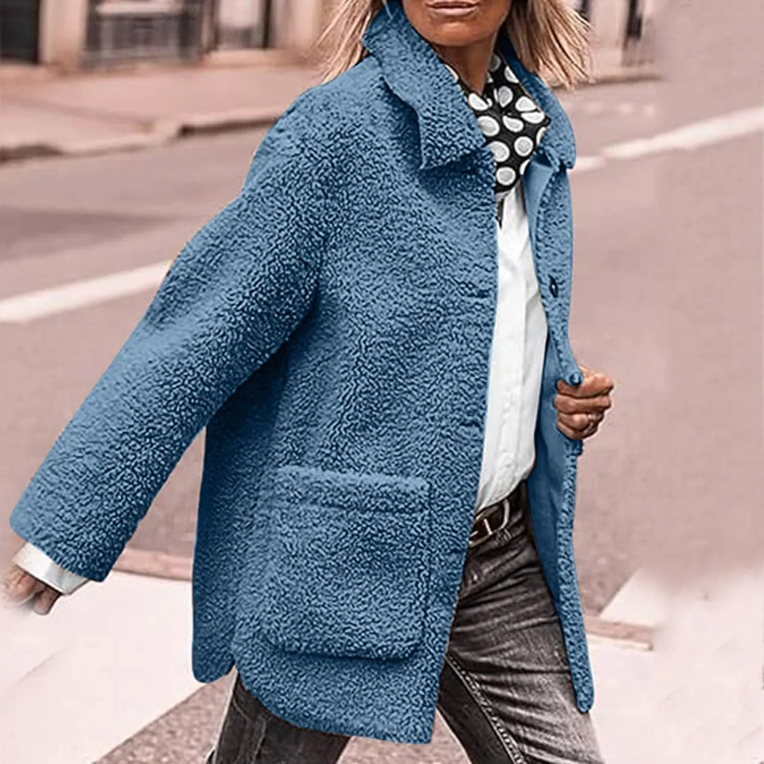 Fuzzy Fleece Jacket for Women Plus Size Button Down Lapel Sherpa Coats with Pocket Fluffy Winter Outerwear Warm Coat