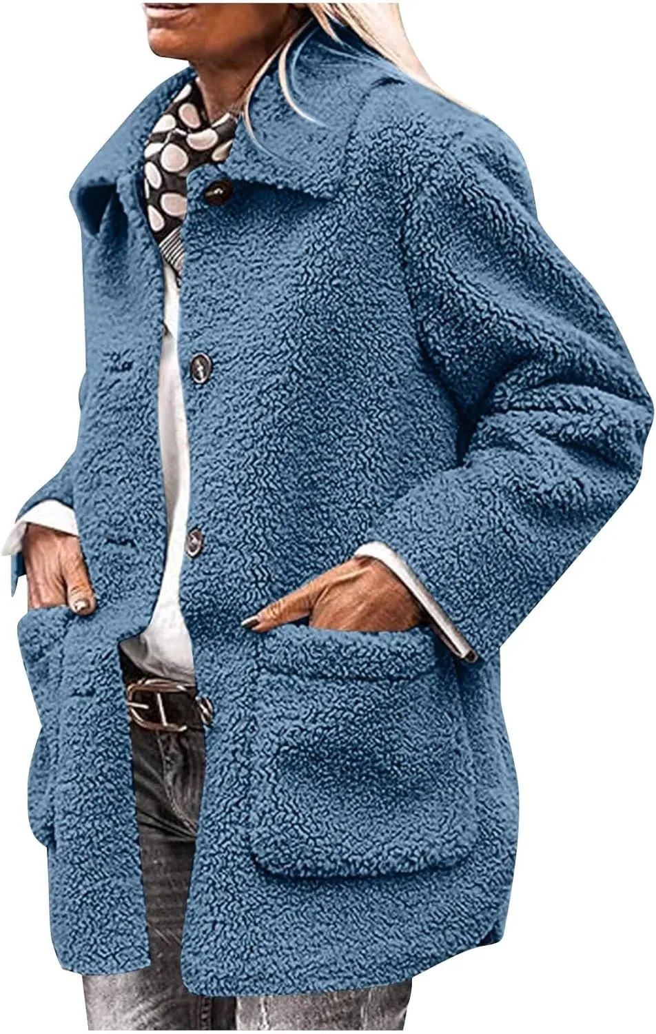 Fuzzy Fleece Jacket for Women Plus Size Button Down Lapel Sherpa Coats with Pocket Fluffy Winter Outerwear Warm Coat