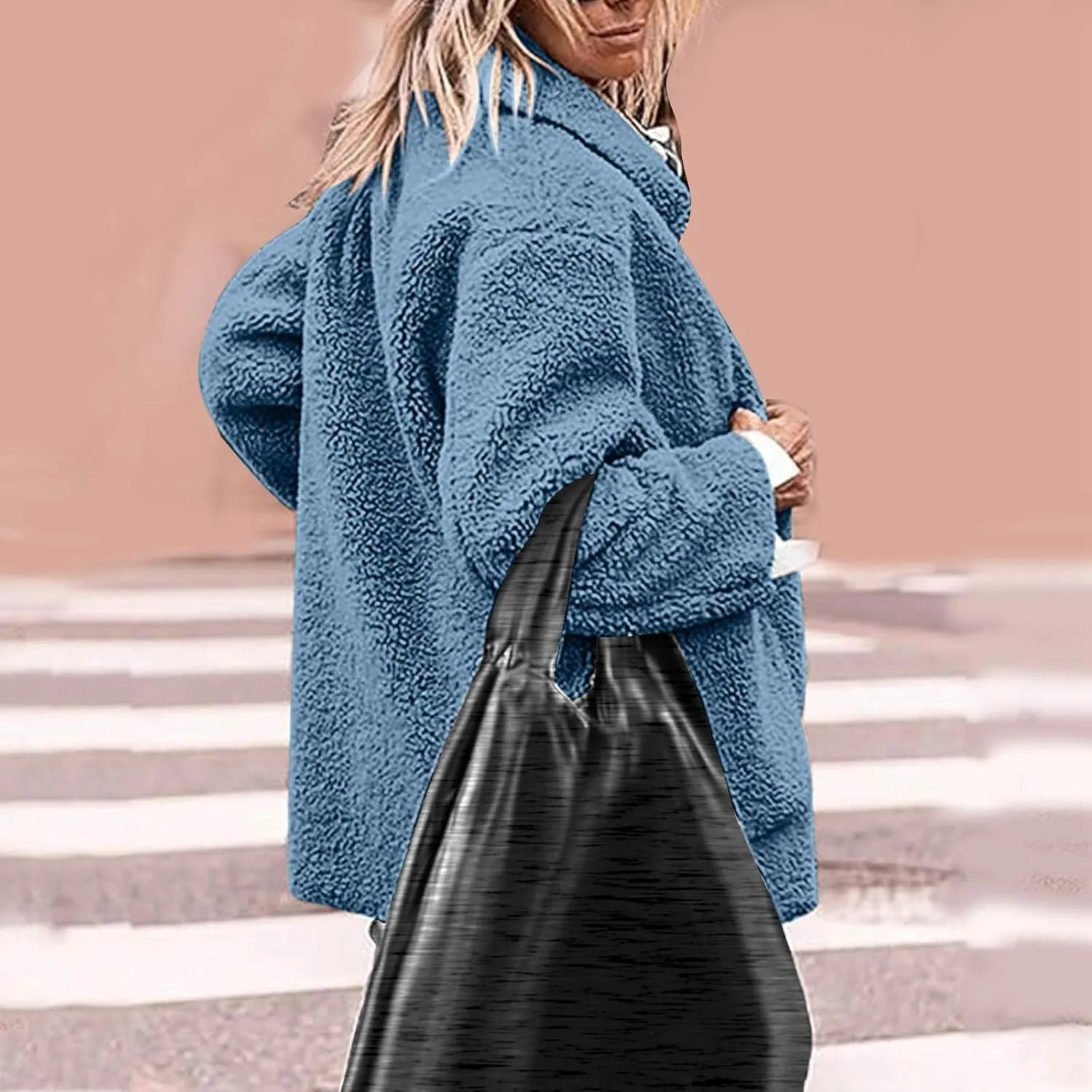 Fuzzy Fleece Jacket for Women Plus Size Button Down Lapel Sherpa Coats with Pocket Fluffy Winter Outerwear Warm Coat