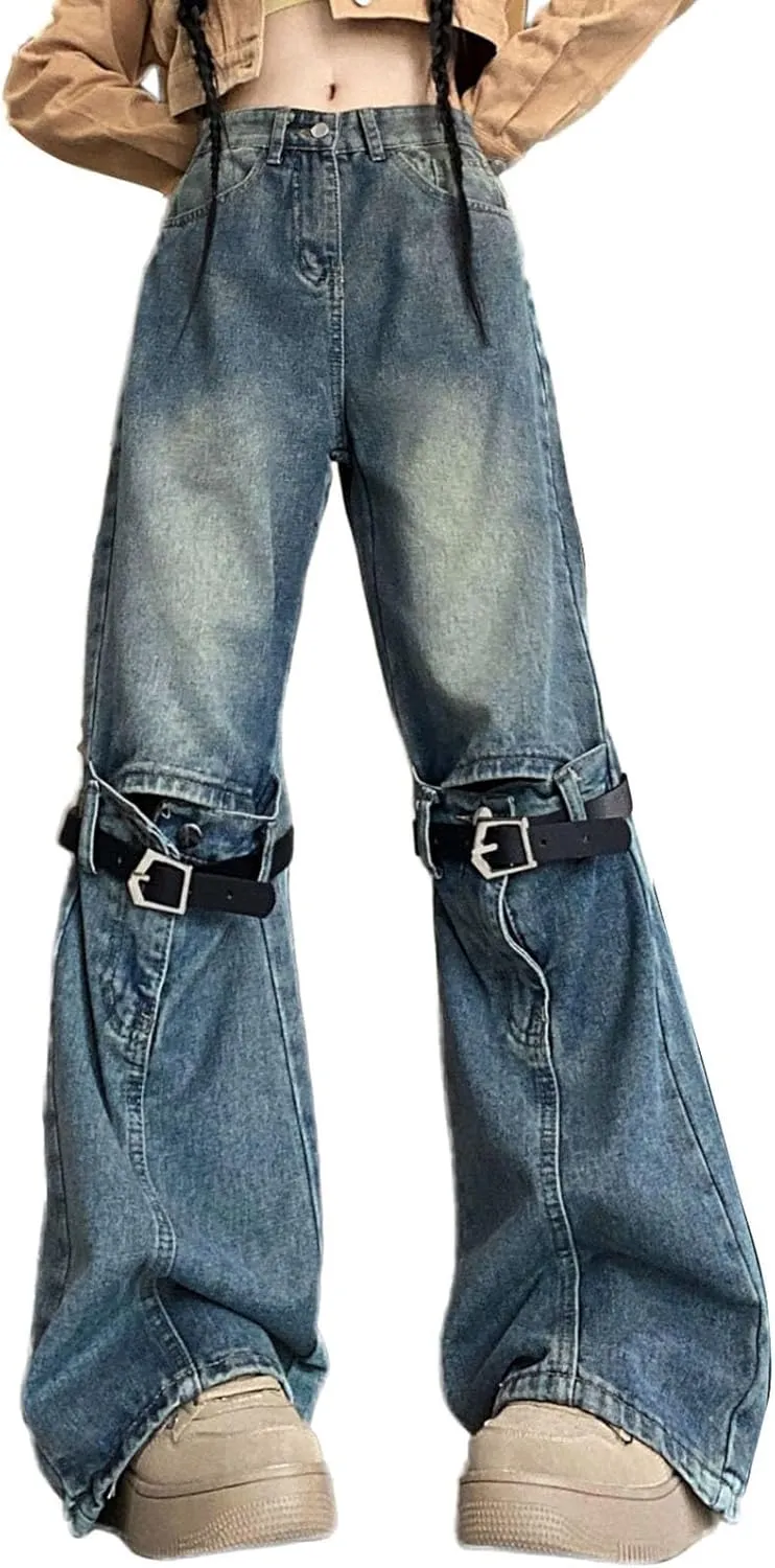 FZVYD Cute Jeans for Women Star Patchwork Pants High Waisted Straight Leg Baggy Jean Casual Baggy 2024 Trendy Streetwear