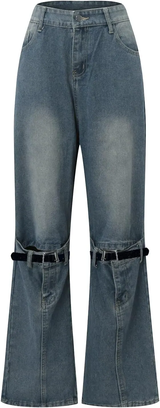 FZVYD Cute Jeans for Women Star Patchwork Pants High Waisted Straight Leg Baggy Jean Casual Baggy 2024 Trendy Streetwear