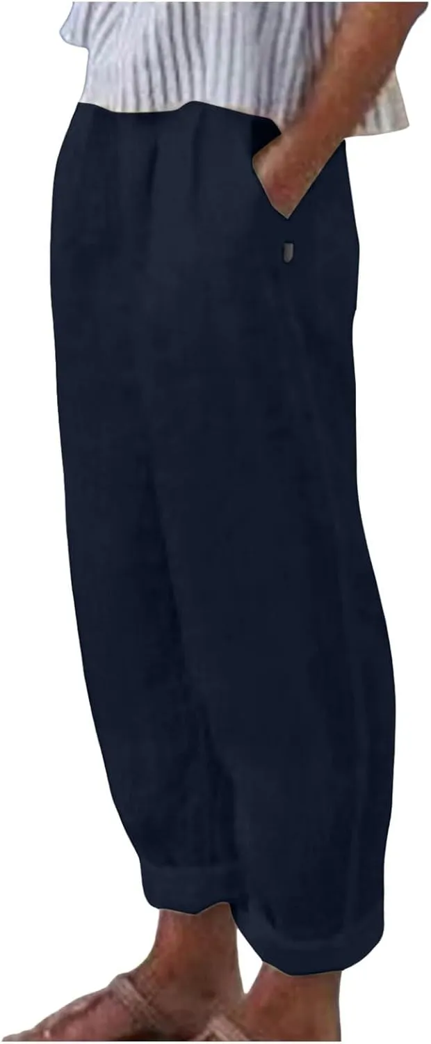 FZYLQY Cotton Linen Pants for Women Casual Elastic Waist Cropped Harem Style Trousers with Pockets 2025 Edition Look