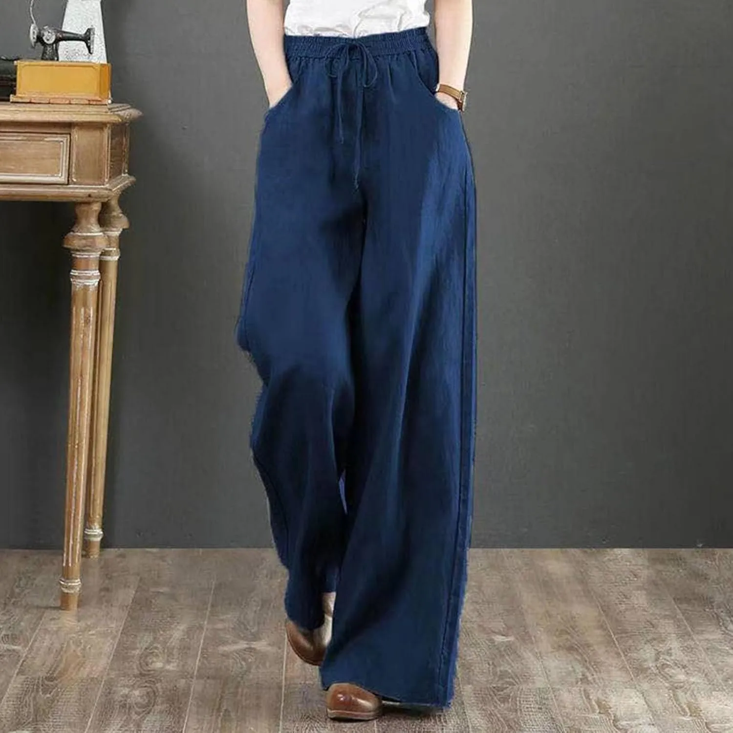 FZYLQY Plus Size Pants for Women 2025 Summer Casual Loose Fit Cotton Linen Pants High Waisted Drawstring Beach Trousers
