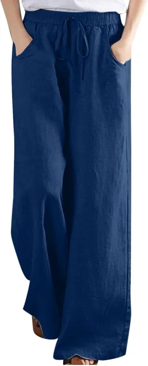 FZYLQY Plus Size Pants for Women 2025 Summer Casual Loose Fit Cotton Linen Pants High Waisted Drawstring Beach Trousers