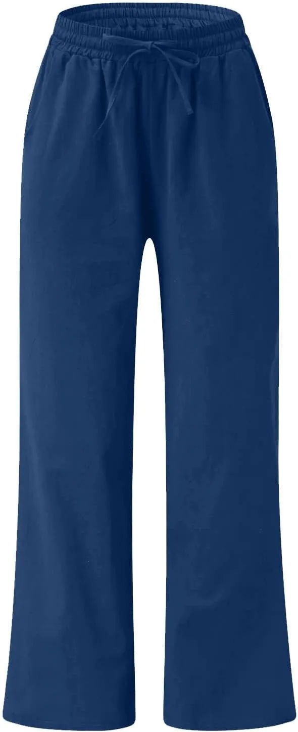 FZYLQY Plus Size Pants for Women 2025 Summer Casual Loose Fit Cotton Linen Pants High Waisted Drawstring Beach Trousers