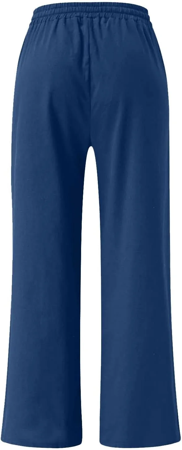 FZYLQY Plus Size Pants for Women 2025 Summer Casual Loose Fit Cotton Linen Pants High Waisted Drawstring Beach Trousers