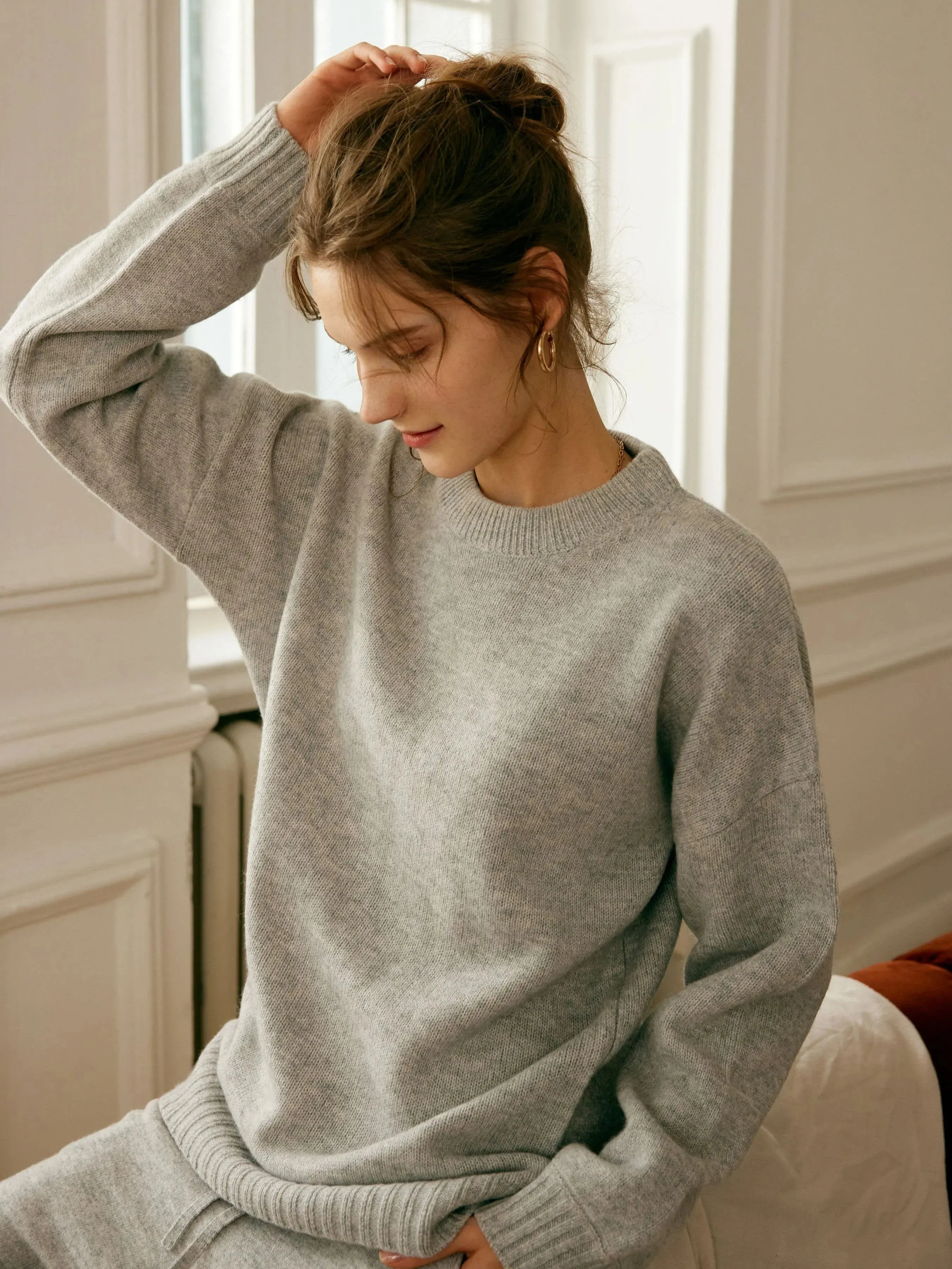 Gemma 100% Merino Wool Grey Relaxed Fit Drop Shoulder Pullover