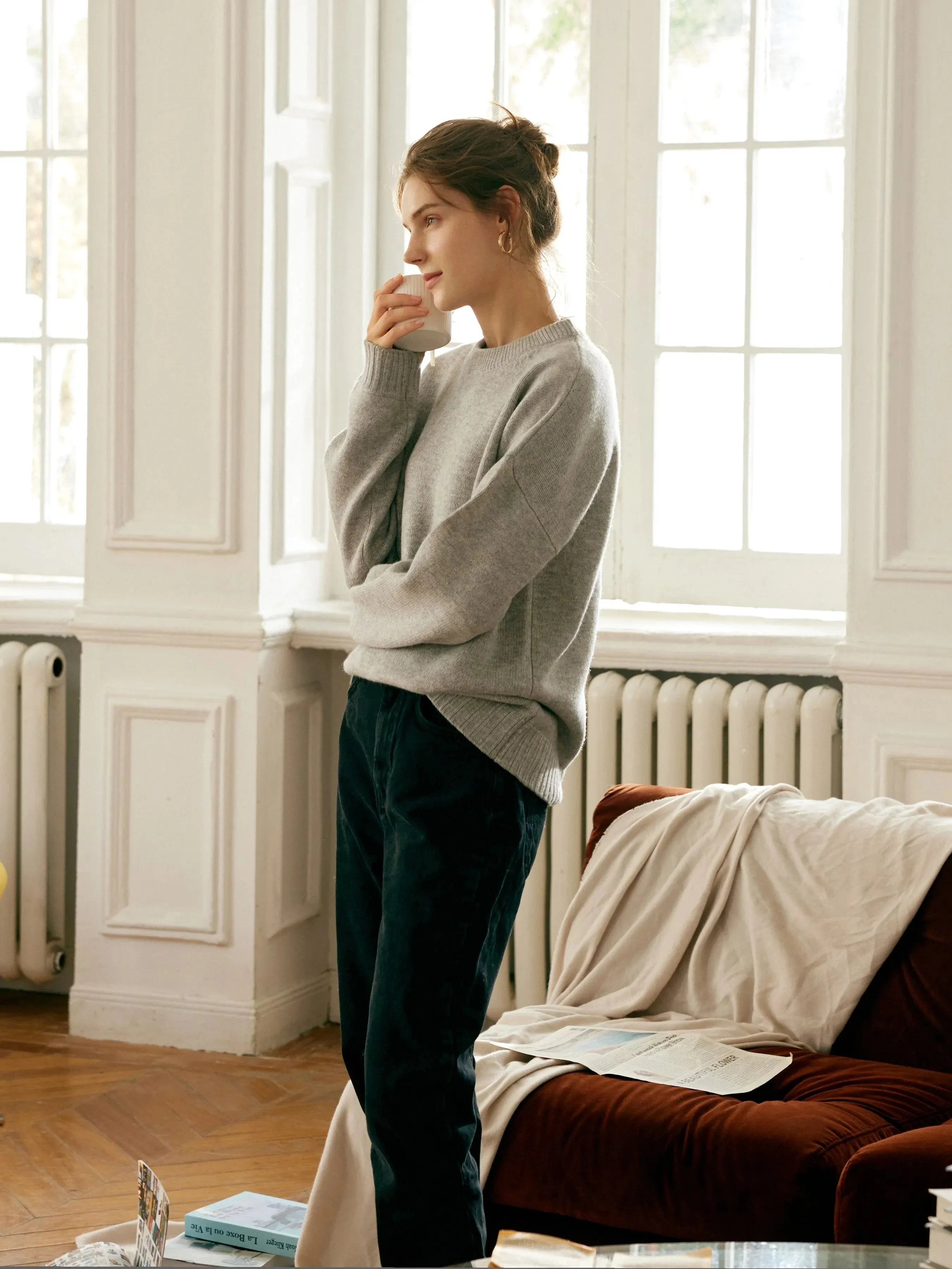 Gemma 100% Merino Wool Grey Relaxed Fit Drop Shoulder Pullover