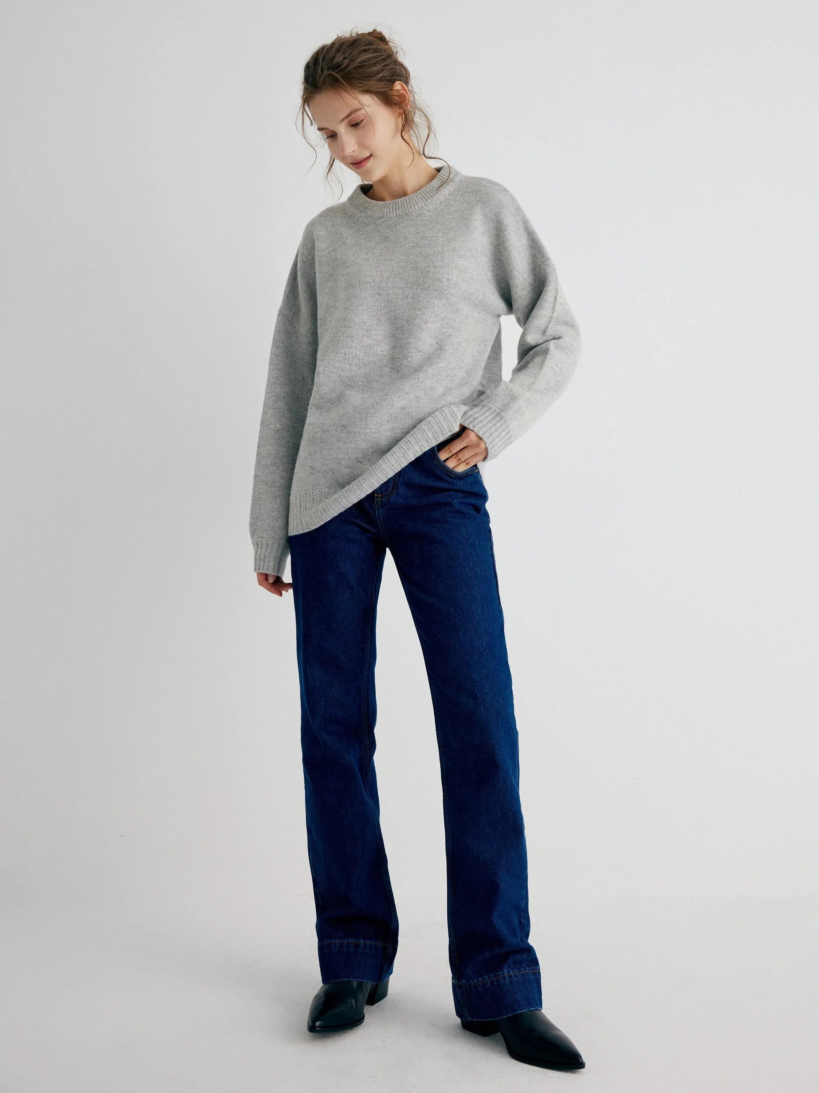 Gemma 100% Merino Wool Grey Relaxed Fit Drop Shoulder Pullover