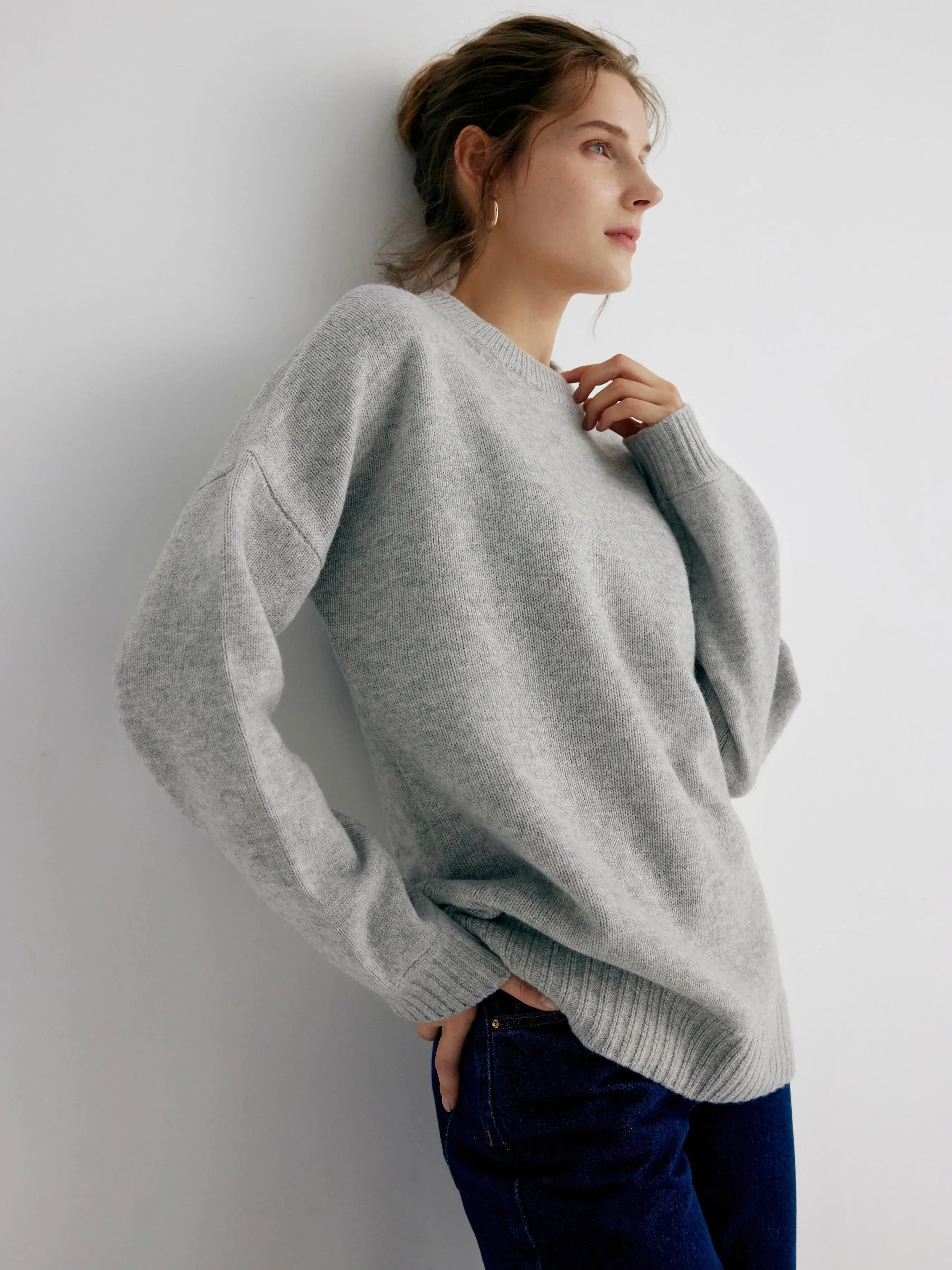 Gemma 100% Merino Wool Grey Relaxed Fit Drop Shoulder Pullover