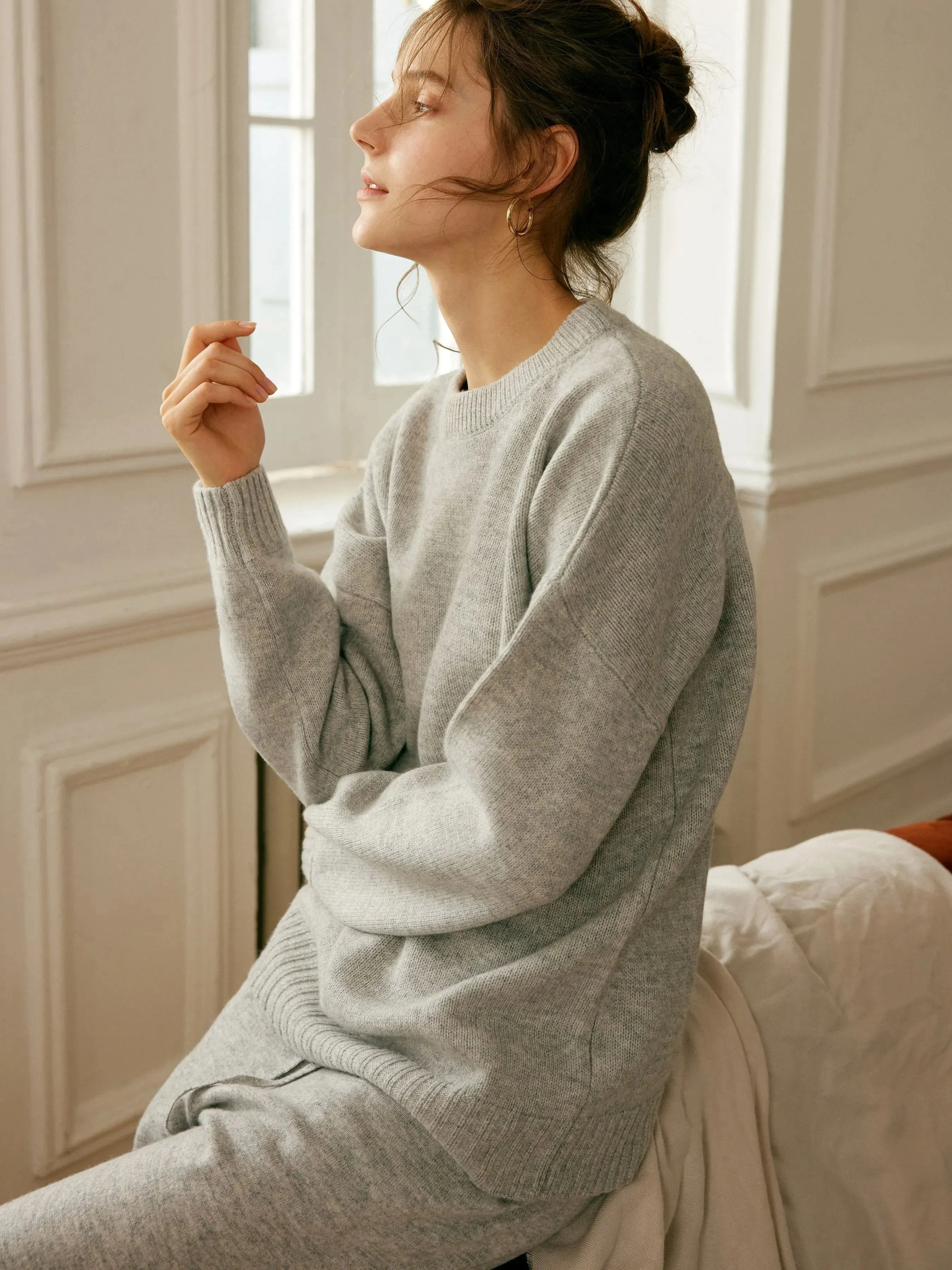 Gemma 100% Merino Wool Grey Relaxed Fit Drop Shoulder Pullover