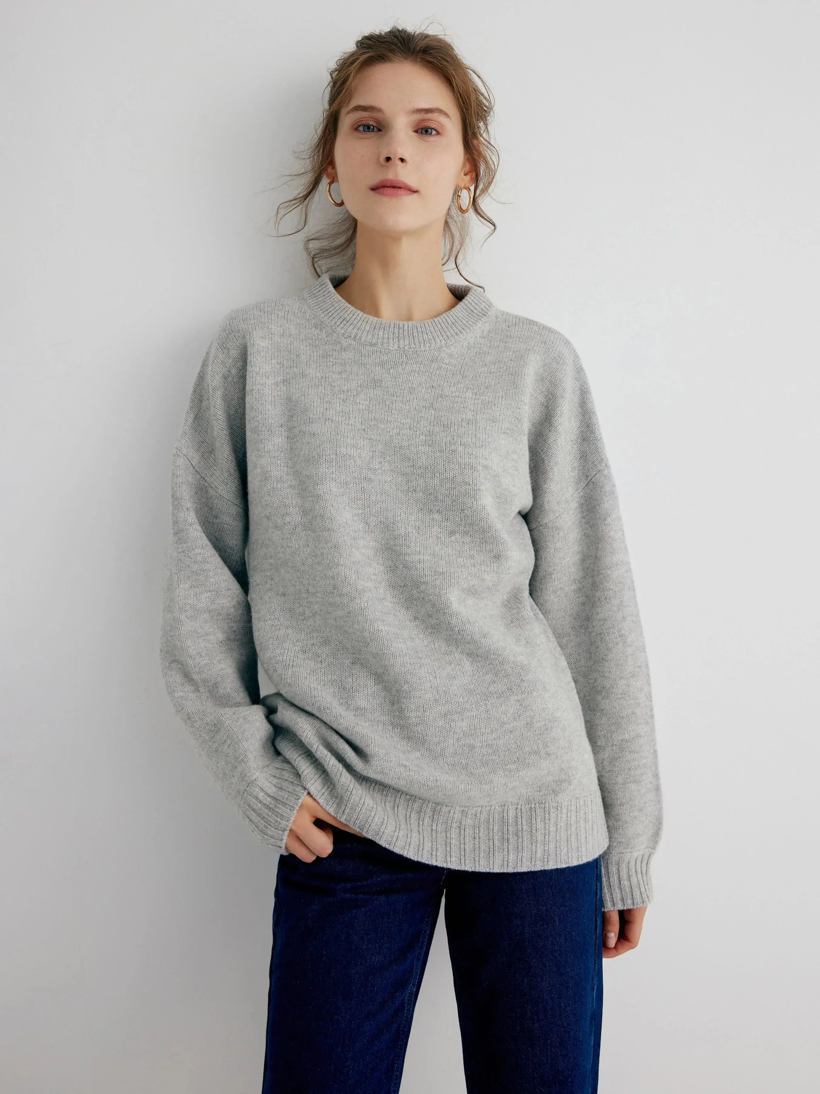 Gemma 100% Merino Wool Grey Relaxed Fit Drop Shoulder Pullover