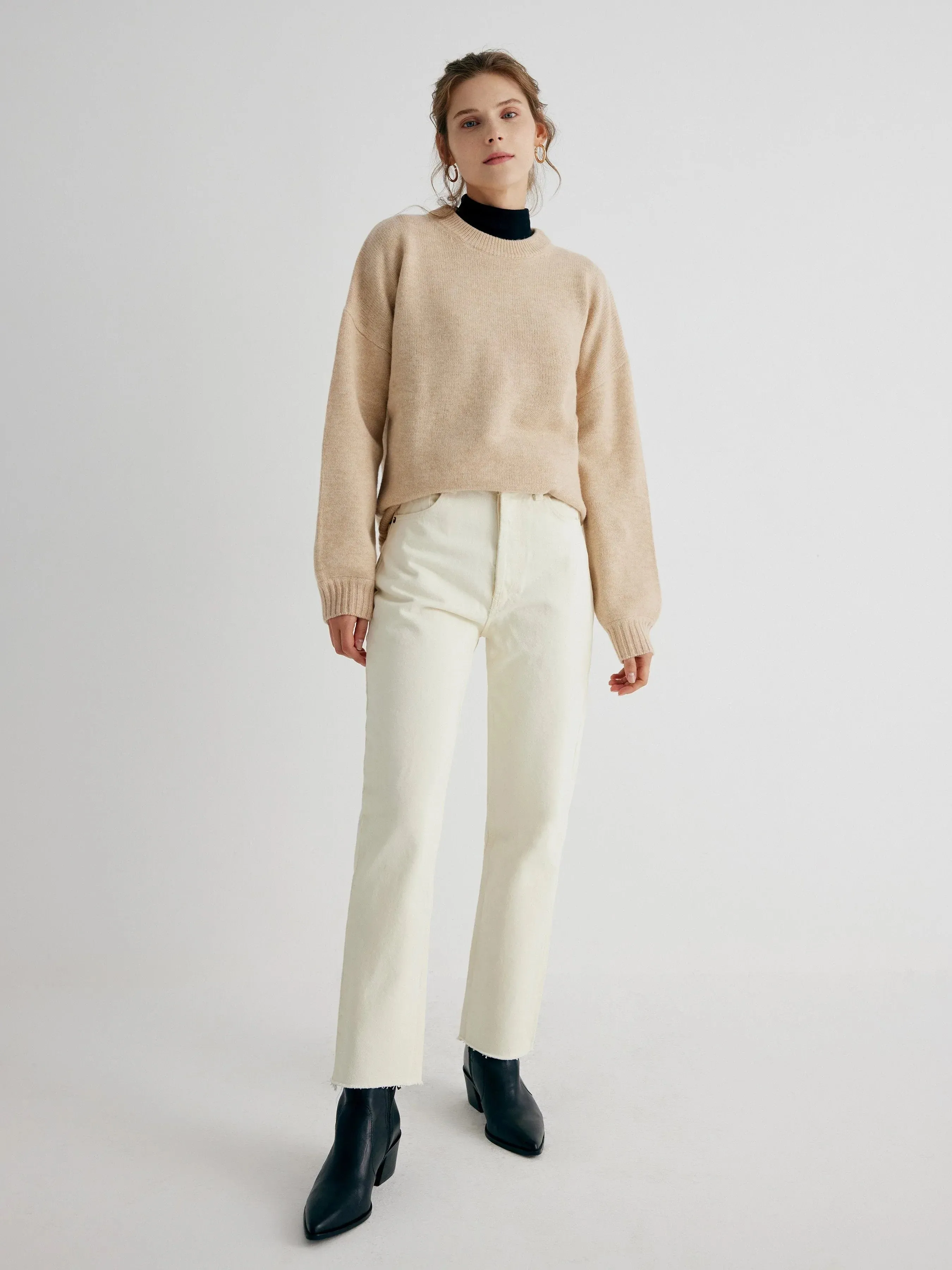 Gemma 100% Merino Wool Oatmeal Relaxed Fit Drop Shoulder Pullover