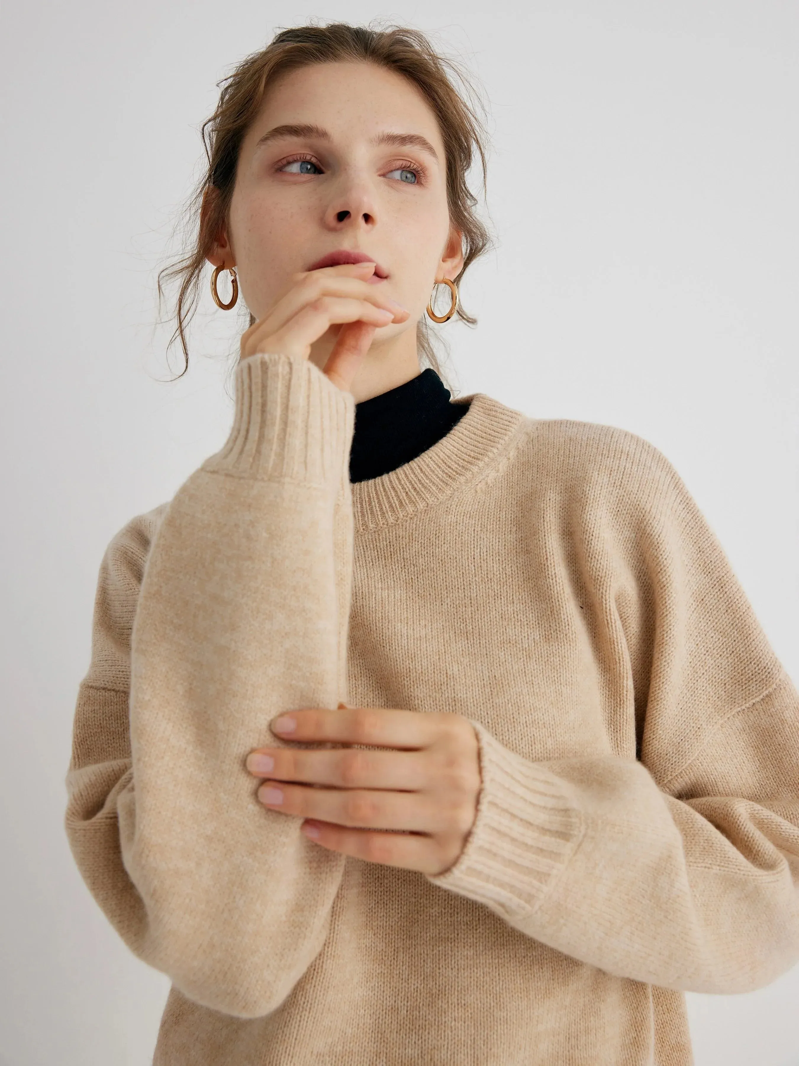 Gemma 100% Merino Wool Oatmeal Relaxed Fit Drop Shoulder Pullover