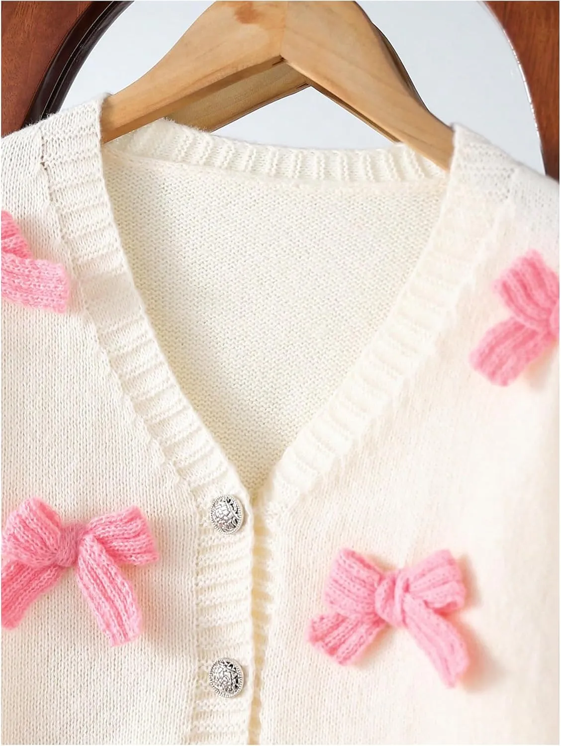 Girl's Bow Sweater Cardigan Button Up Cardigan V Neck Long Sleeve Sweaters Cute Knitted Sweater Outerwear