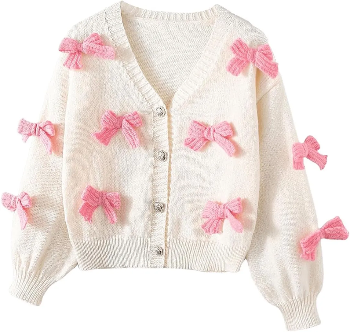 Girl's Bow Sweater Cardigan Button Up Cardigan V Neck Long Sleeve Sweaters Cute Knitted Sweater Outerwear