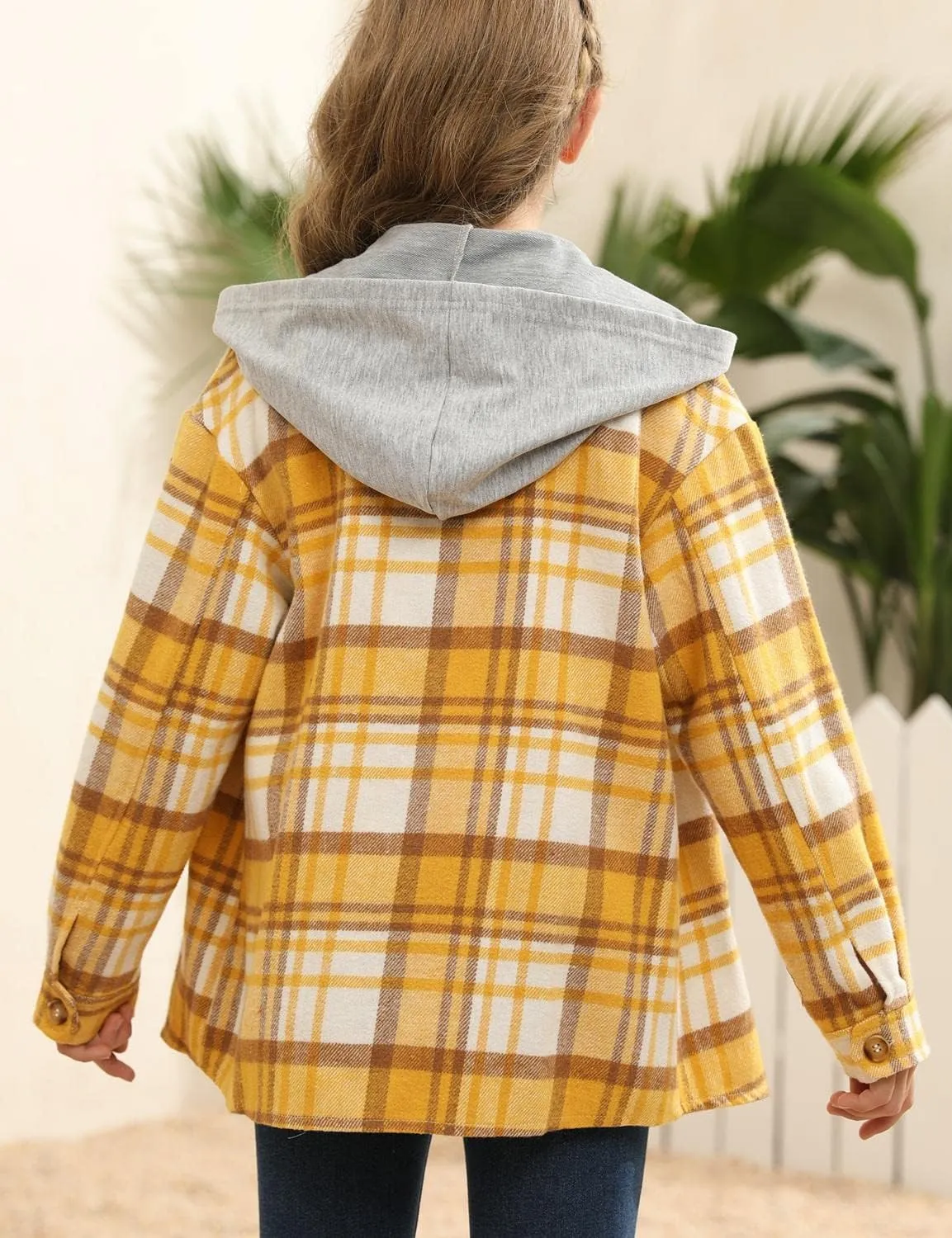 Girls Cute Flannel Plaid Button Down Top with Pockets Long Sleeve Hooded Jacket