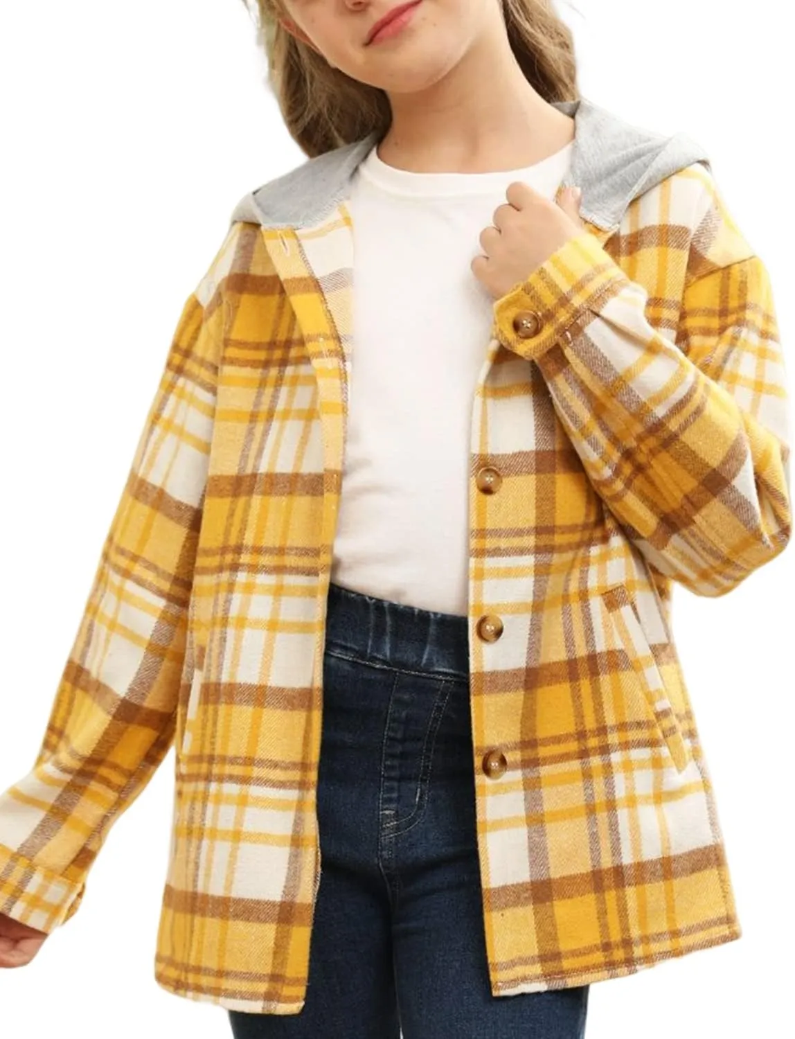 Girls Cute Flannel Plaid Button Down Top with Pockets Long Sleeve Hooded Jacket