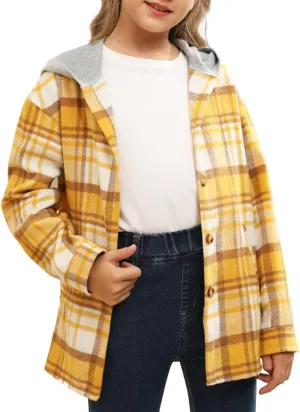 Girls Cute Flannel Plaid Button Down Top with Pockets Long Sleeve Hooded Jacket
