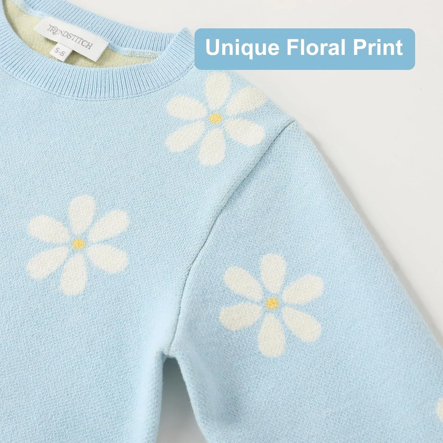 Girls Floral Print Sweaters Long Sleeve Crewneck Knitted Cute Flower Pullover Sweater Jumper Tops
