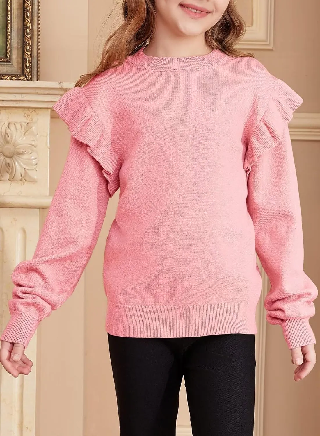 Girls Sweaters Cute Crewneck Ruffle Long Sleeve Knit Pullover Sweater Tops 6-15 Years