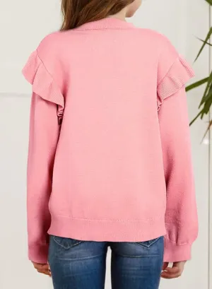 Girls Sweaters Cute Crewneck Ruffle Long Sleeve Knit Pullover Sweater Tops 6-15 Years