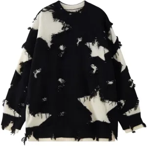 Gothic Sweater Emo Sweater Y2k Star Womens Men Punk Loose Oversized Ripped Pullover Knit Sweaters Emo Cloth Gothic Clothes