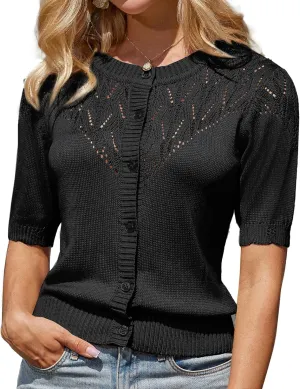 GRACE KARIN 2025 Womens Summer Short Sleeve Sweater Cardigan Lightweight Crew Neck Sweater Crochet Knit Top