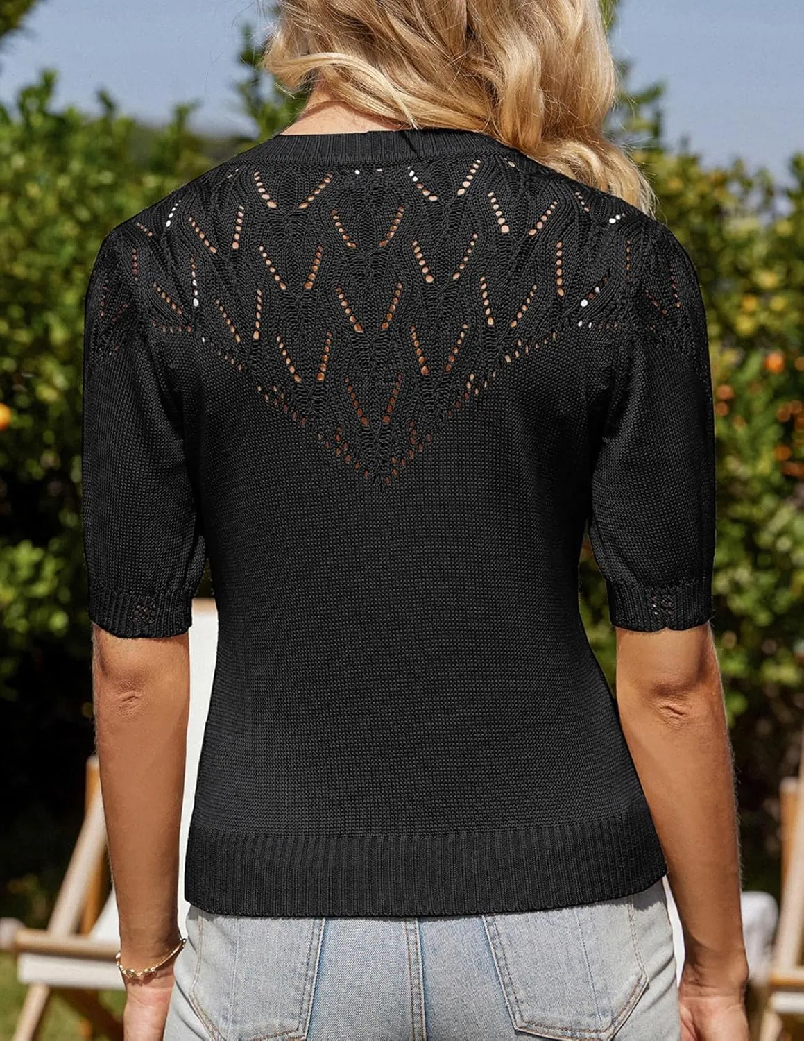 GRACE KARIN 2025 Womens Summer Short Sleeve Sweater Cardigan Lightweight Crew Neck Sweater Crochet Knit Top