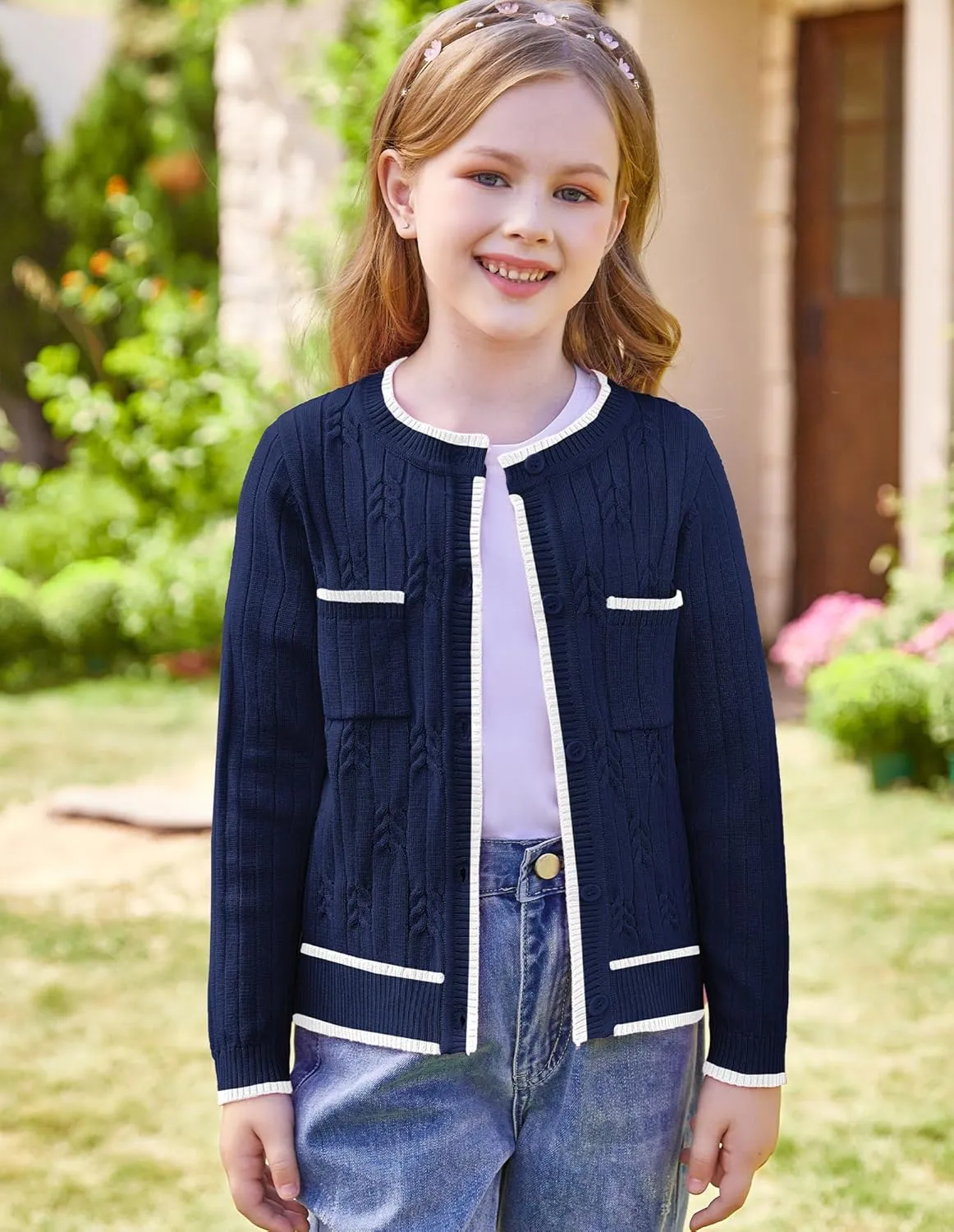 GRACE KARIN Girls Cardigan Sweater Long Sleeve Knit School Uniform Crew Neck Cute Cardigan 5-12 Years