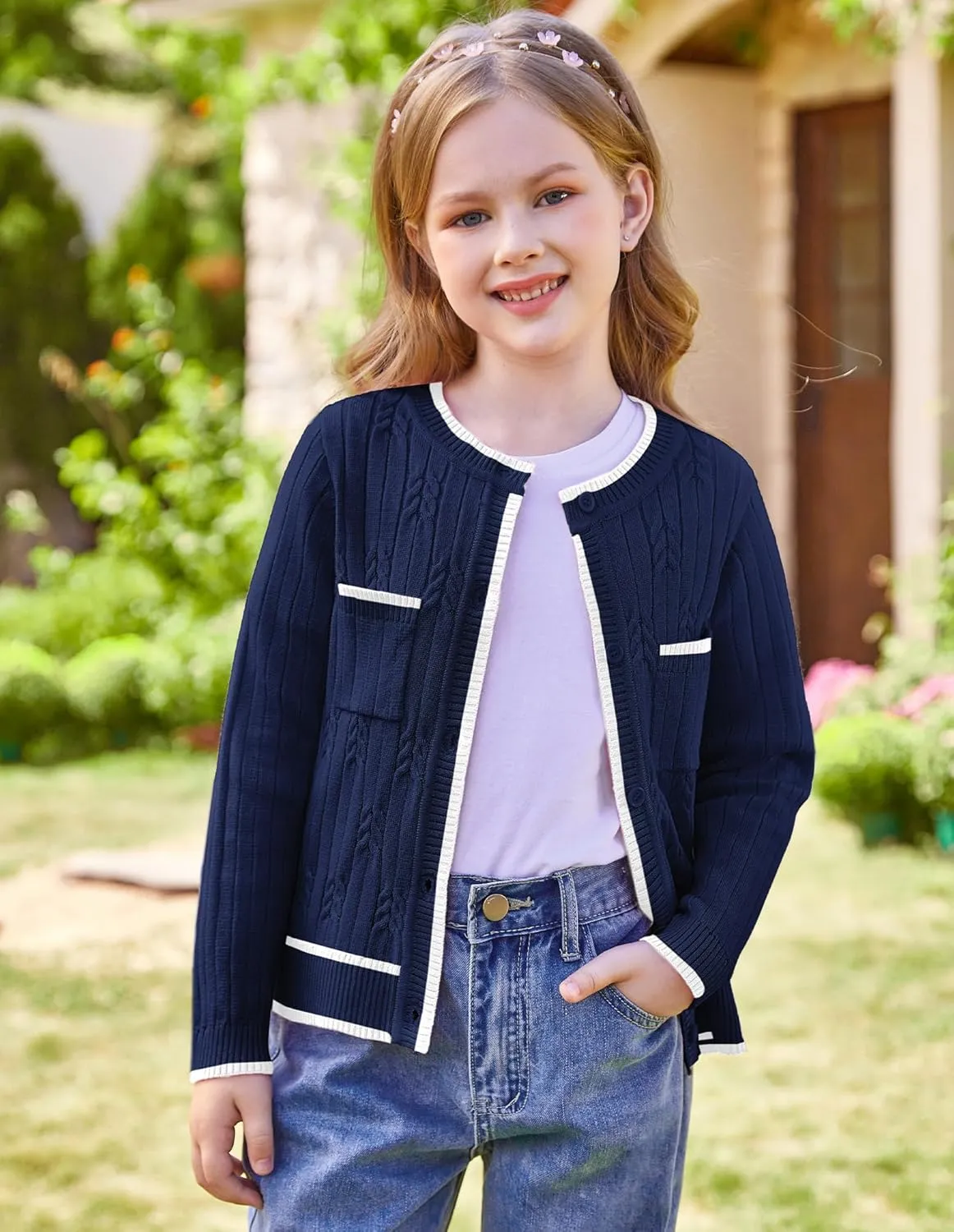 GRACE KARIN Girls Cardigan Sweater Long Sleeve Knit School Uniform Crew Neck Cute Cardigan 5-12 Years