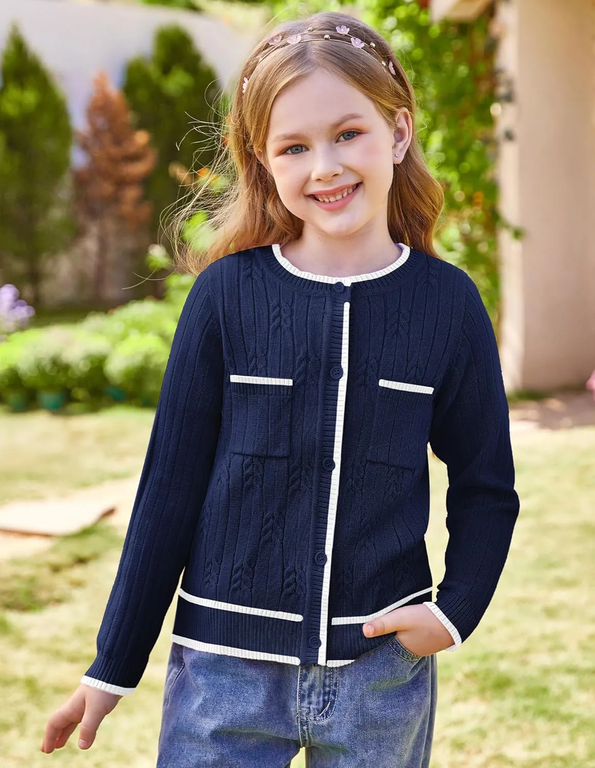GRACE KARIN Girls Cardigan Sweater Long Sleeve Knit School Uniform Crew Neck Cute Cardigan 5-12 Years