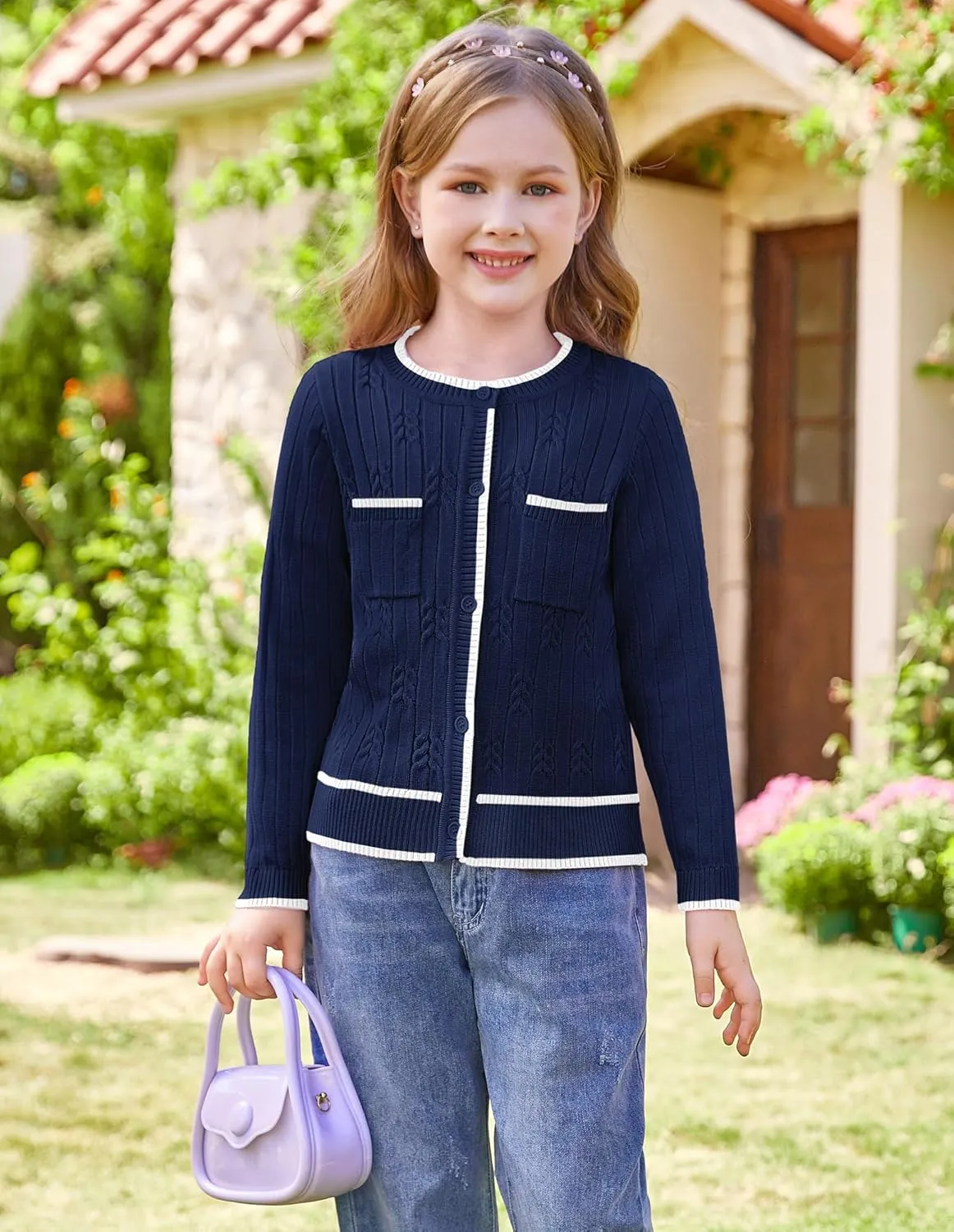 GRACE KARIN Girls Cardigan Sweater Long Sleeve Knit School Uniform Crew Neck Cute Cardigan 5-12 Years