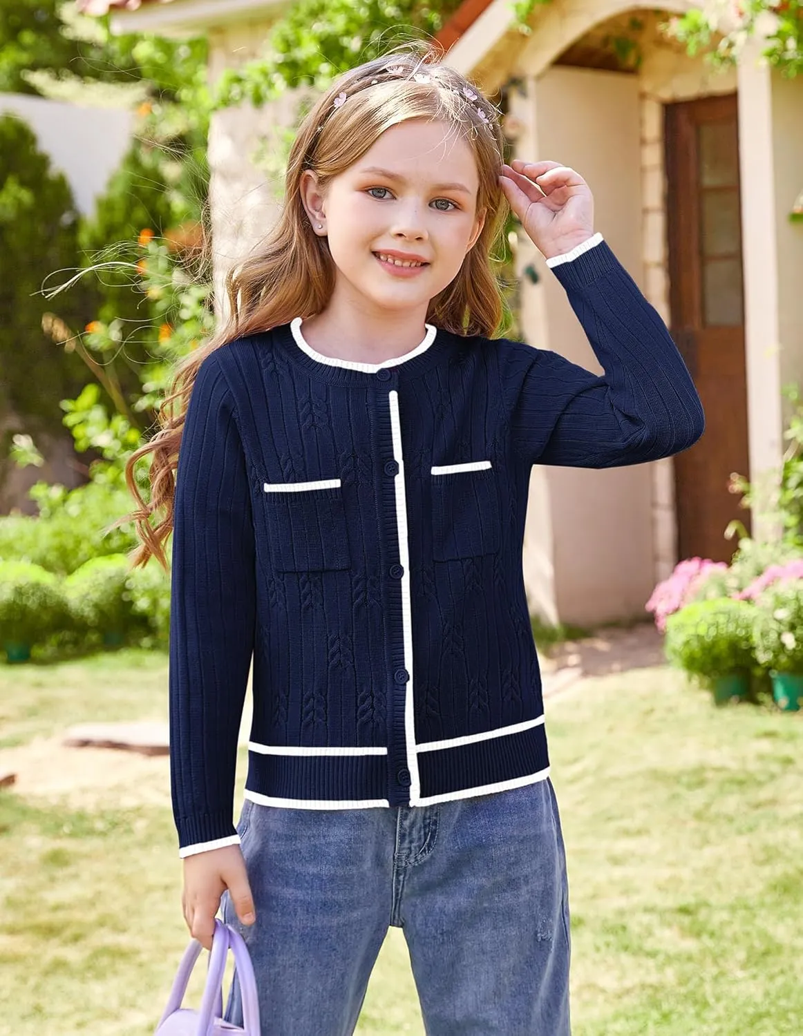 GRACE KARIN Girls Cardigan Sweater Long Sleeve Knit School Uniform Crew Neck Cute Cardigan 5-12 Years