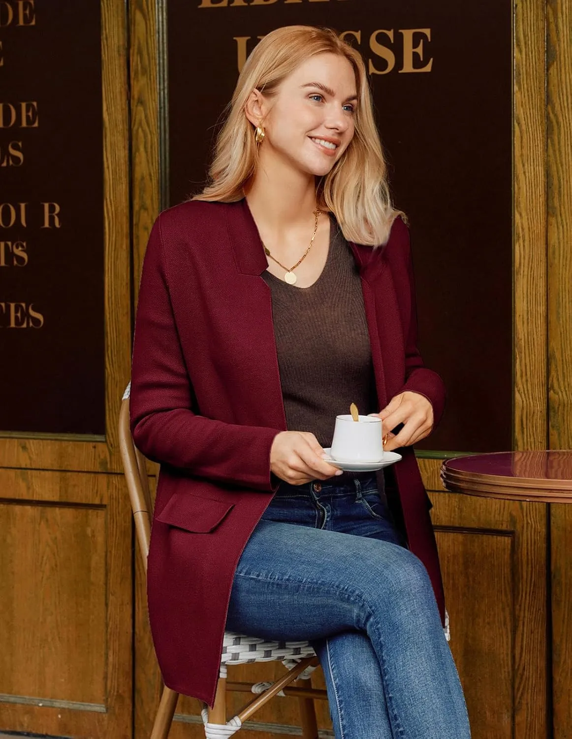 GRACE KARIN Women's 2025 Long Sleeve Knit Cardigan Coat Open Front Notch Collar Sweater Blazer Coatigan Jackets